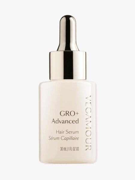 Vegamour Gro+ Advanced Hair Serum in branded dropper component on a light gray background