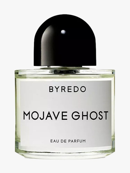 Byredo Mojave Ghost Eau de Parfum bottle of perfume with black bauble cap on light gray background