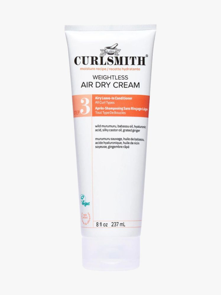 Curlsmith Weightless Air Dry Cream white tube with orange stripe on light gray background