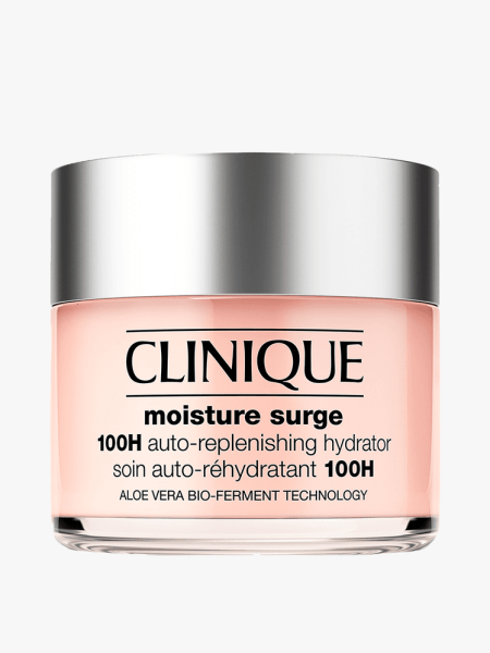 A jar of Clinique Moisture Surge 100H Auto-Replenishing Hydrator on a light gray background